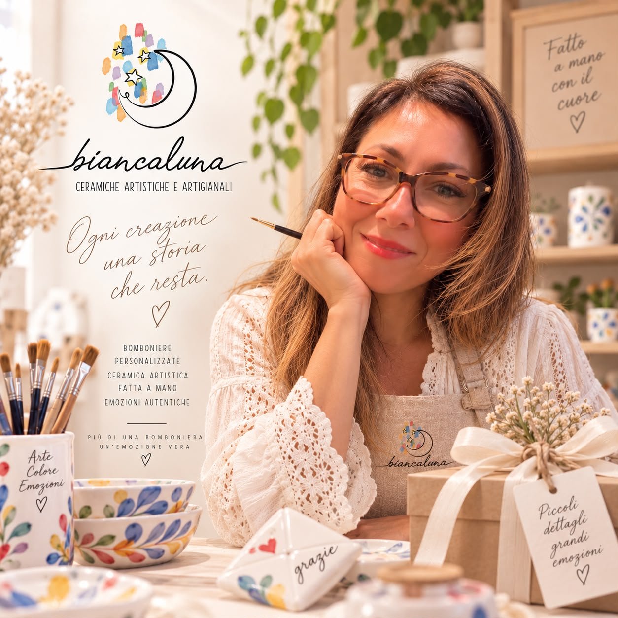 Composizione di creazioni Biancaluna in ceramica