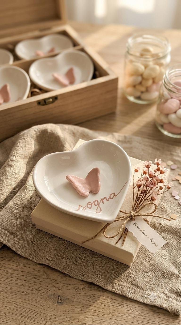 Cuore in ceramica con nastro, dettaglio di una bomboniera